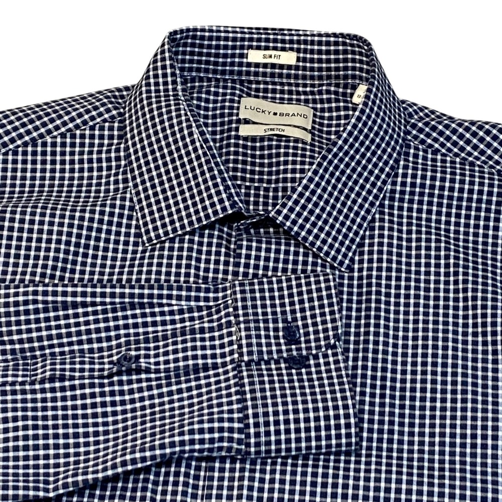 Lucky Brand Mens XL Slim Fit Stretch Gingham Button Down Shirt Navy White